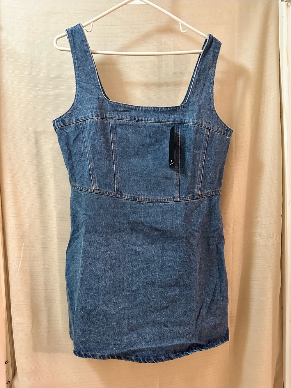 Lulus Denim Mini Dress Large Square Neck Sleeveless Zip Back Jean Shift